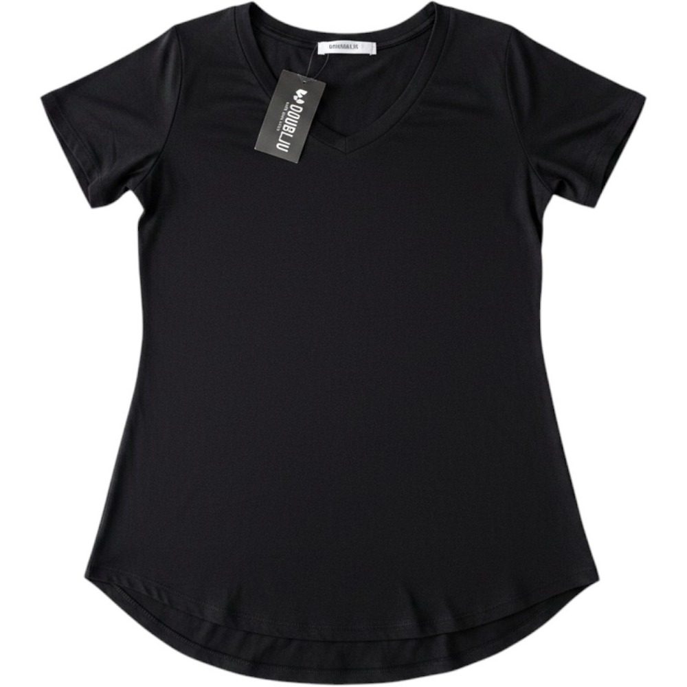 Doublju Womens‎ Black V-Neck Short Sleeve Curved Hem T-Shirt CWTTS558 New